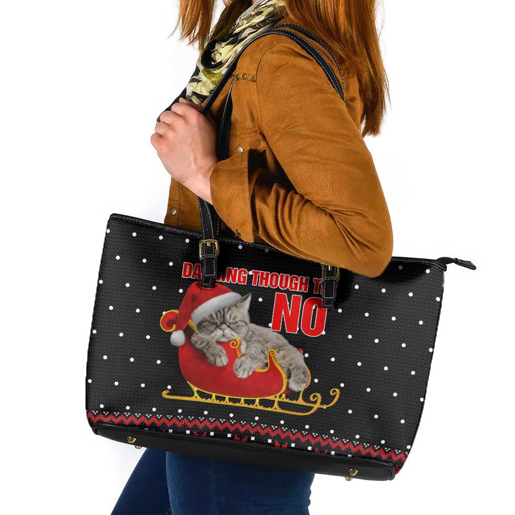 Cat Dashing Through The No Christmas Leather Tote Bag Xmas Holiday Patterns - Wonder Print Shop