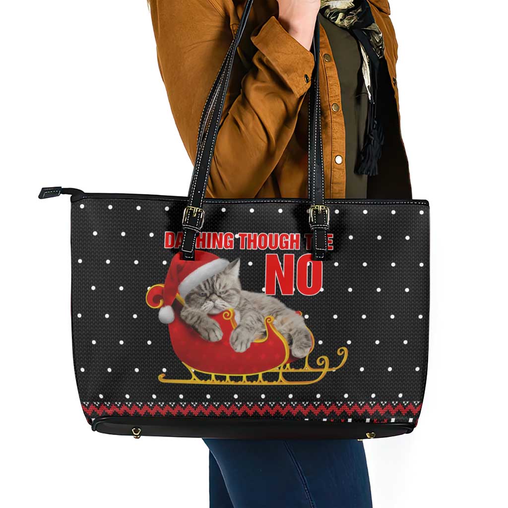 Cat Dashing Through The No Christmas Leather Tote Bag Xmas Holiday Patterns - Wonder Print Shop