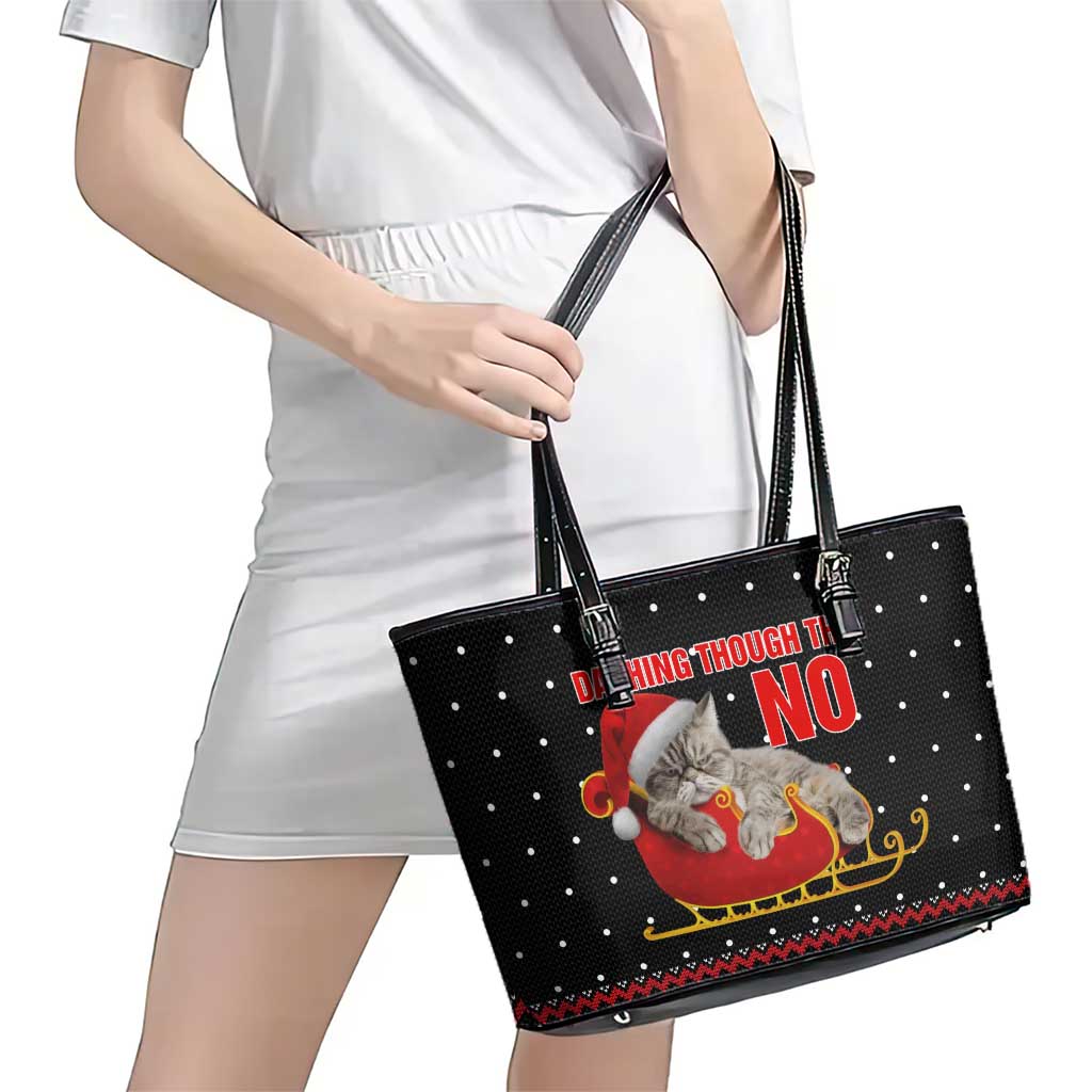 Cat Dashing Through The No Christmas Leather Tote Bag Xmas Holiday Patterns - Wonder Print Shop