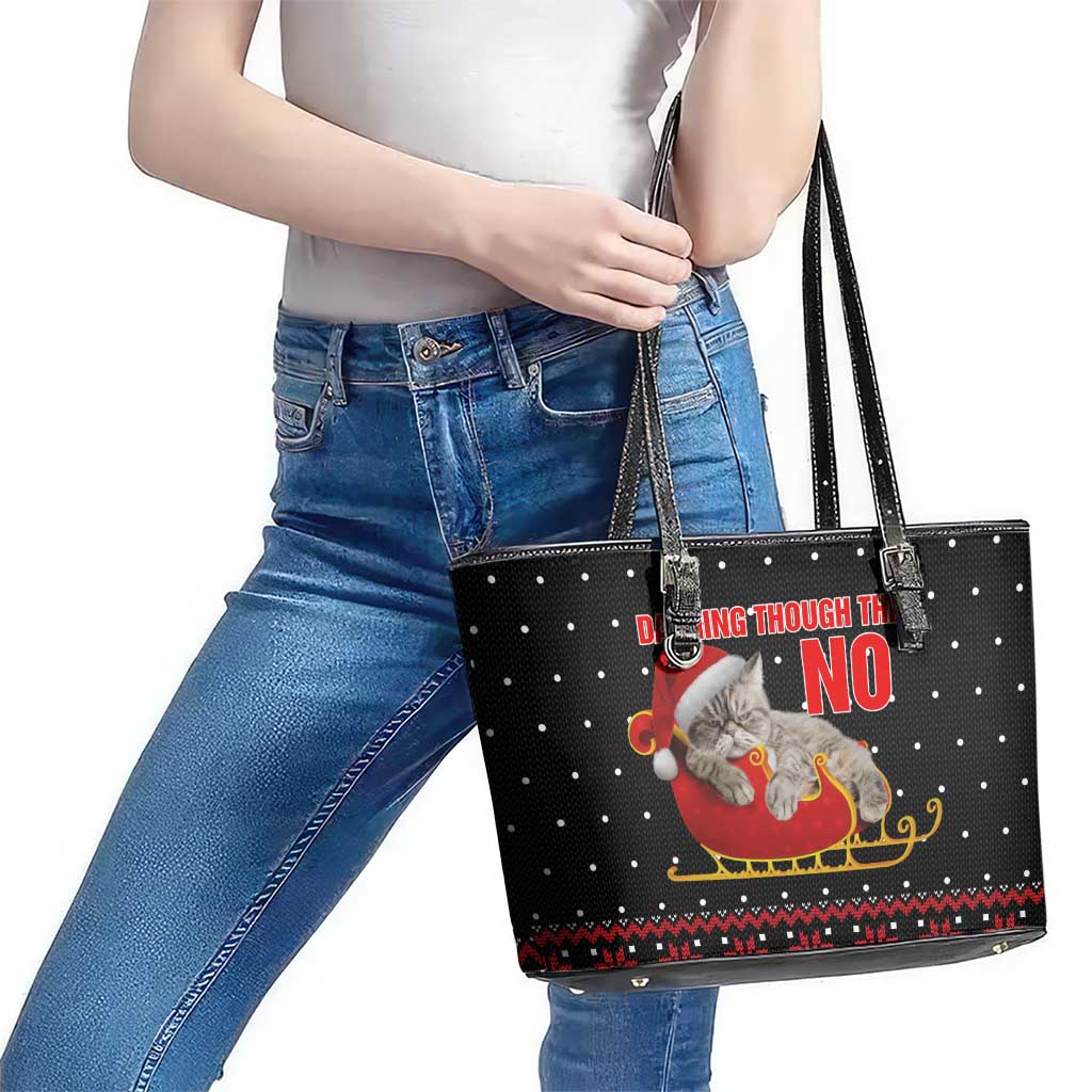 Cat Dashing Through The No Christmas Leather Tote Bag Xmas Holiday Patterns - Wonder Print Shop
