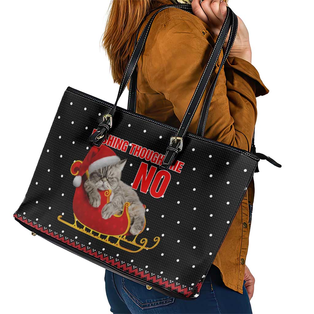 Cat Dashing Through The No Christmas Leather Tote Bag Xmas Holiday Patterns - Wonder Print Shop