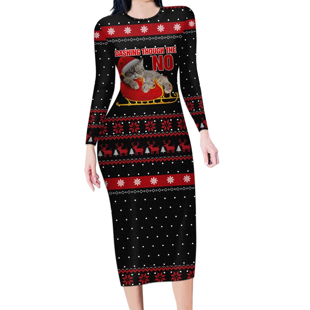 Cat Dashing Through The No Christmas Long Sleeve Bodycon Dress Xmas Holiday Patterns - Wonder Print Shop