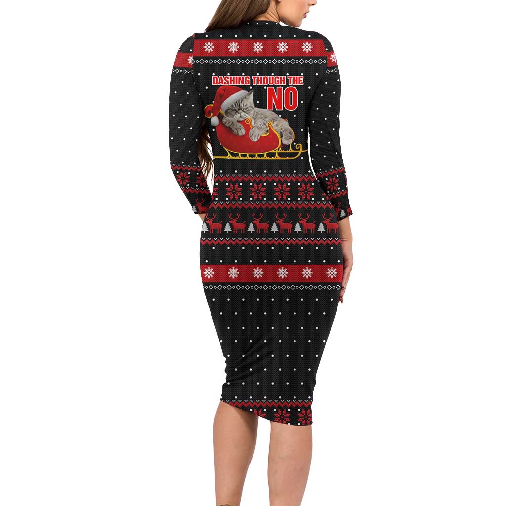 Cat Dashing Through The No Christmas Long Sleeve Bodycon Dress Xmas Holiday Patterns - Wonder Print Shop