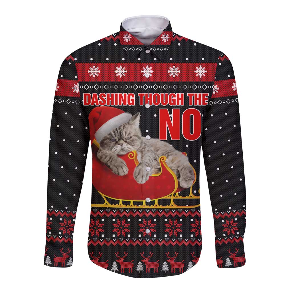 Cat Dashing Through The No Christmas Long Sleeve Button Shirt Xmas Holiday Patterns - Wonder Print Shop