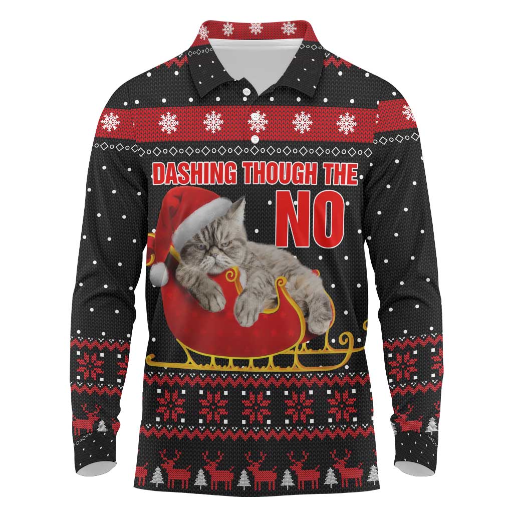Cat Dashing Through The No Christmas Long Sleeve Polo Shirt Xmas Holiday Patterns - Wonder Print Shop