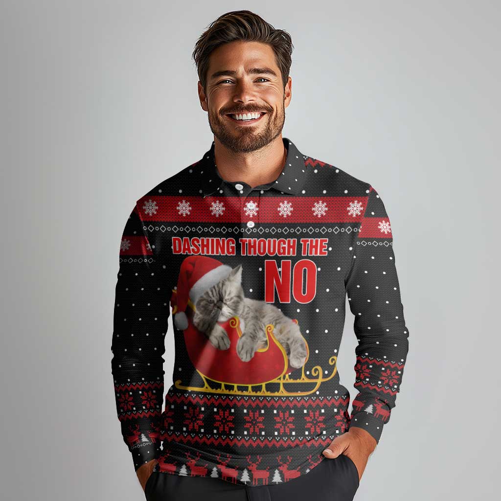 Cat Dashing Through The No Christmas Long Sleeve Polo Shirt Xmas Holiday Patterns - Wonder Print Shop