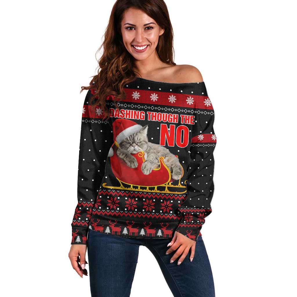 Cat Dashing Through The No Christmas Off Shoulder Sweater Xmas Holiday Patterns - Wonder Print Shop