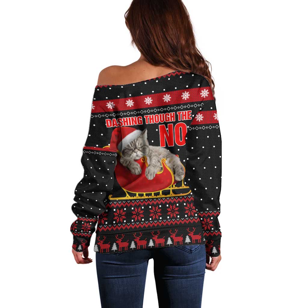 Cat Dashing Through The No Christmas Off Shoulder Sweater Xmas Holiday Patterns - Wonder Print Shop