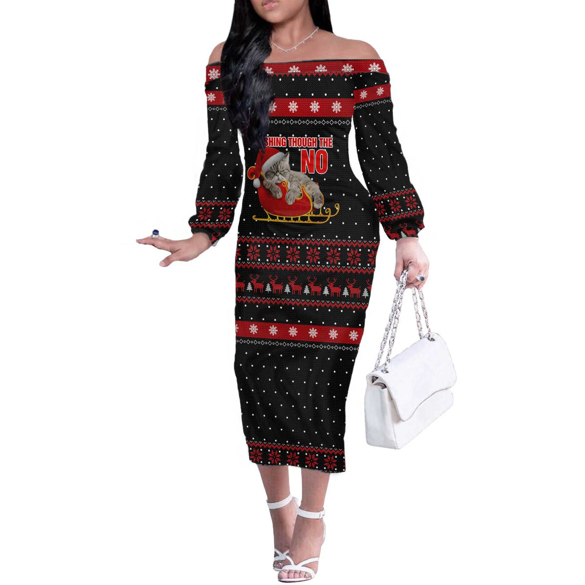 Cat Dashing Through The No Christmas Off The Shoulder Long Sleeve Dress Xmas Holiday Patterns - Wonder Print Shop
