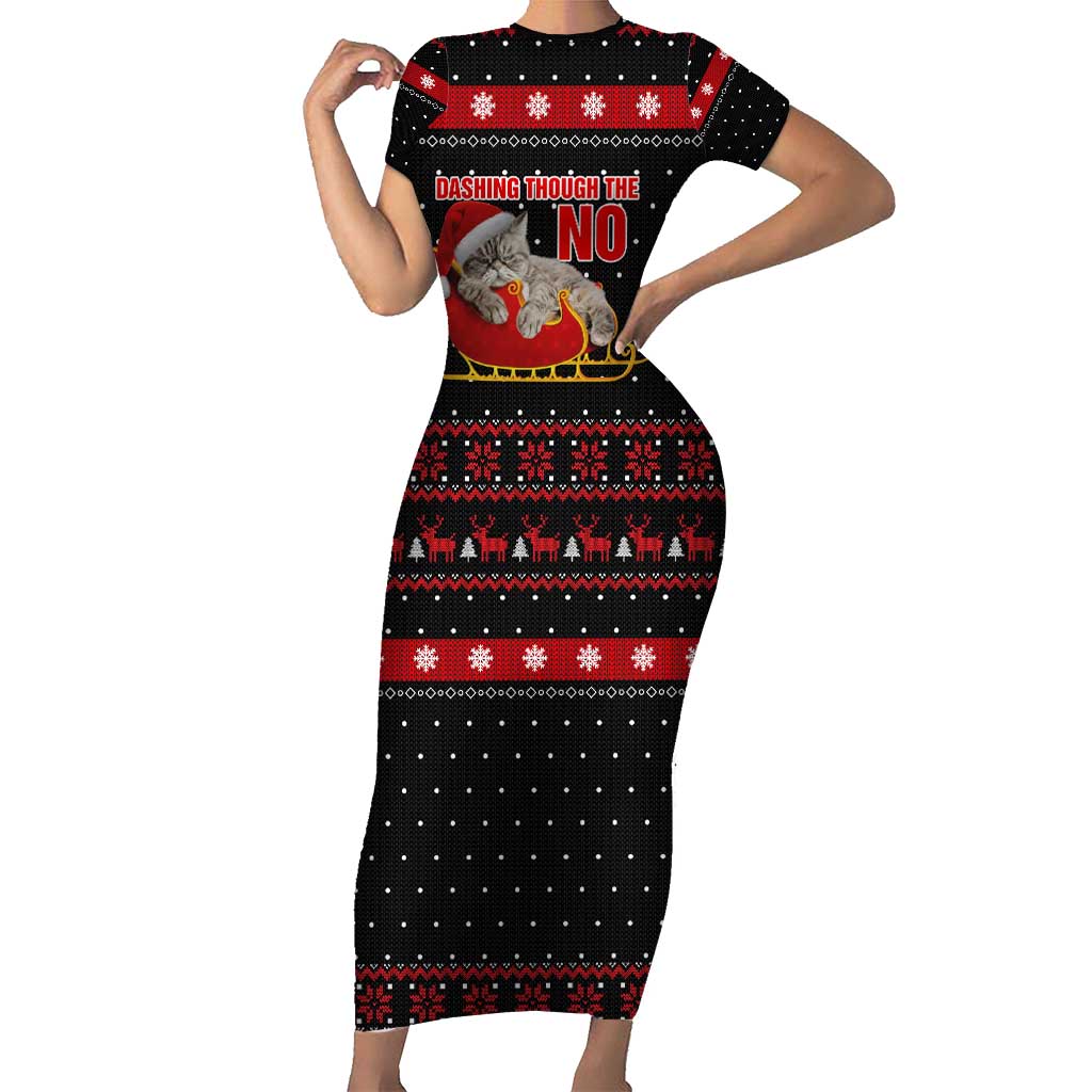 Cat Dashing Through The No Christmas Short Sleeve Bodycon Dress Xmas Holiday Patterns - Wonder Print Shop
