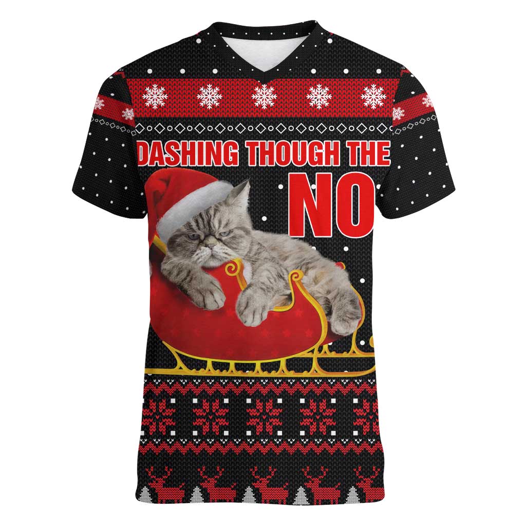 Cat Dashing Through The No Christmas Women V-Neck T-Shirt Xmas Holiday Patterns - Wonder Print Shop