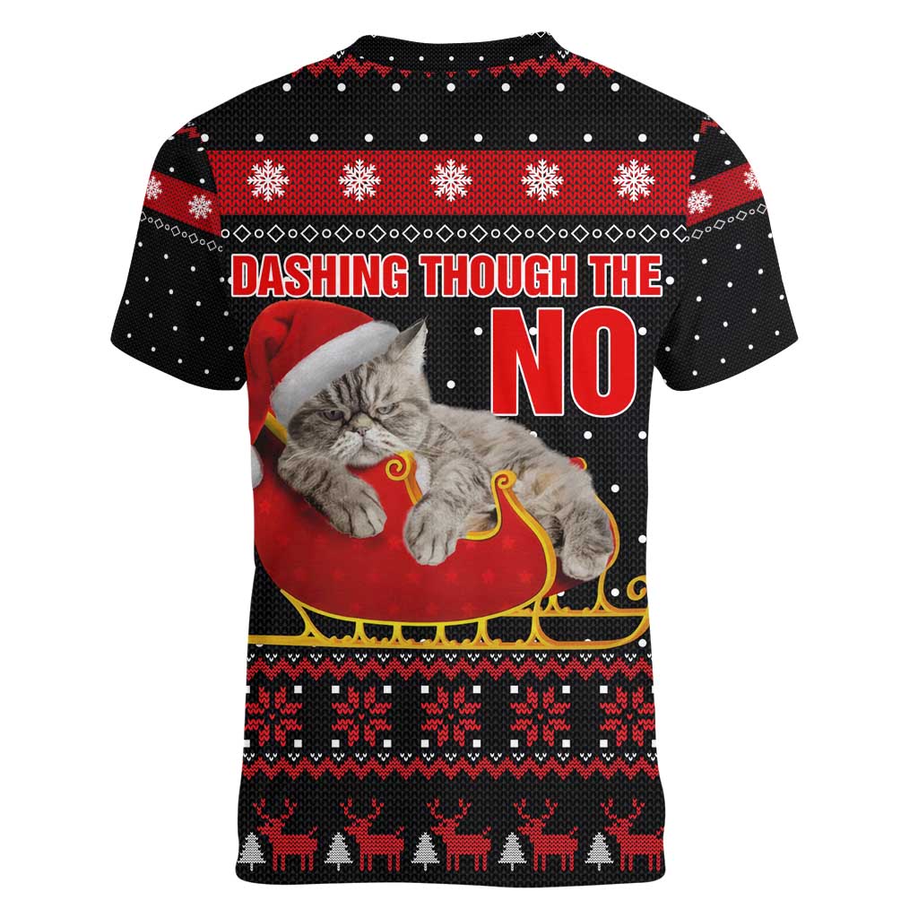 Cat Dashing Through The No Christmas Women V-Neck T-Shirt Xmas Holiday Patterns - Wonder Print Shop