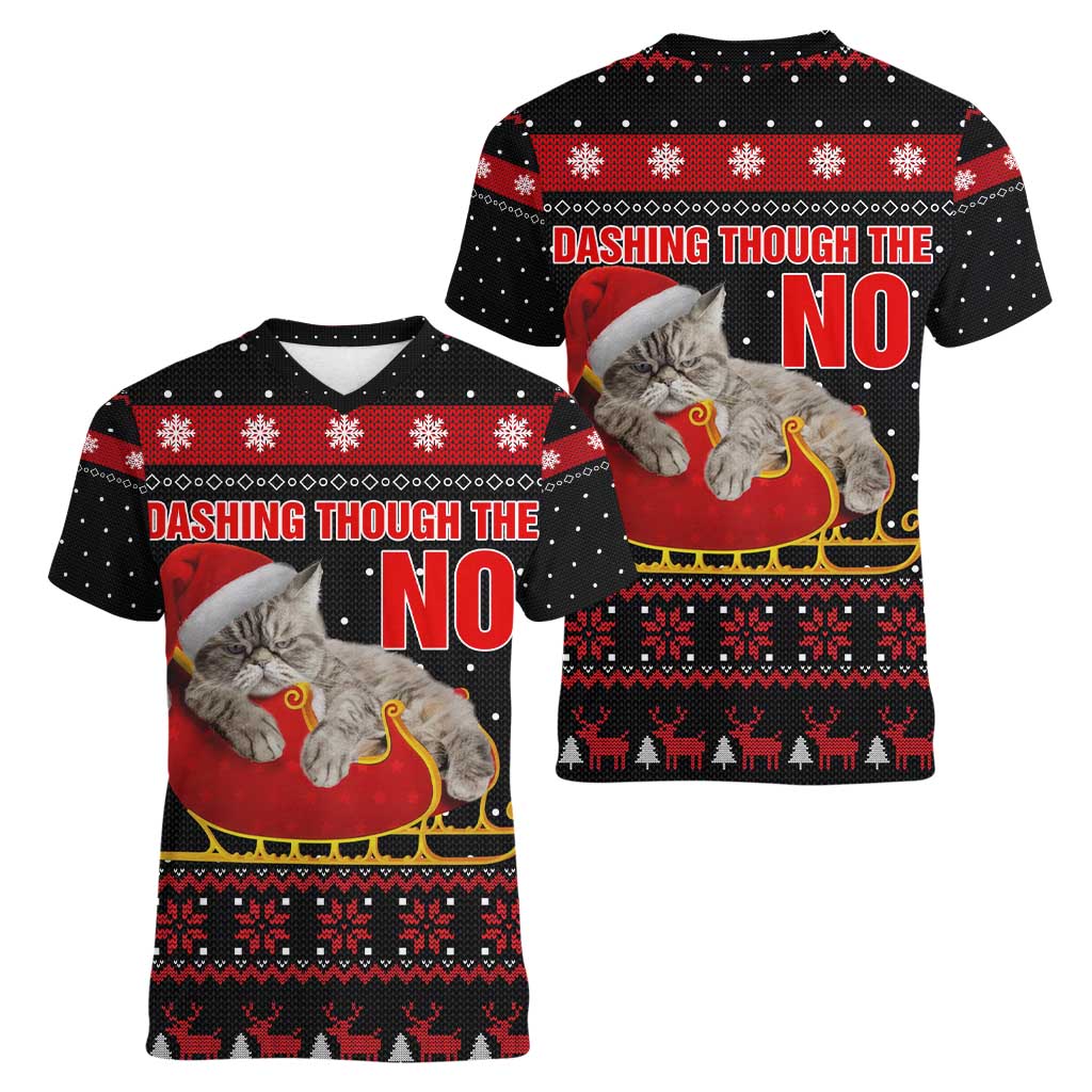 Cat Dashing Through The No Christmas Women V-Neck T-Shirt Xmas Holiday Patterns - Wonder Print Shop