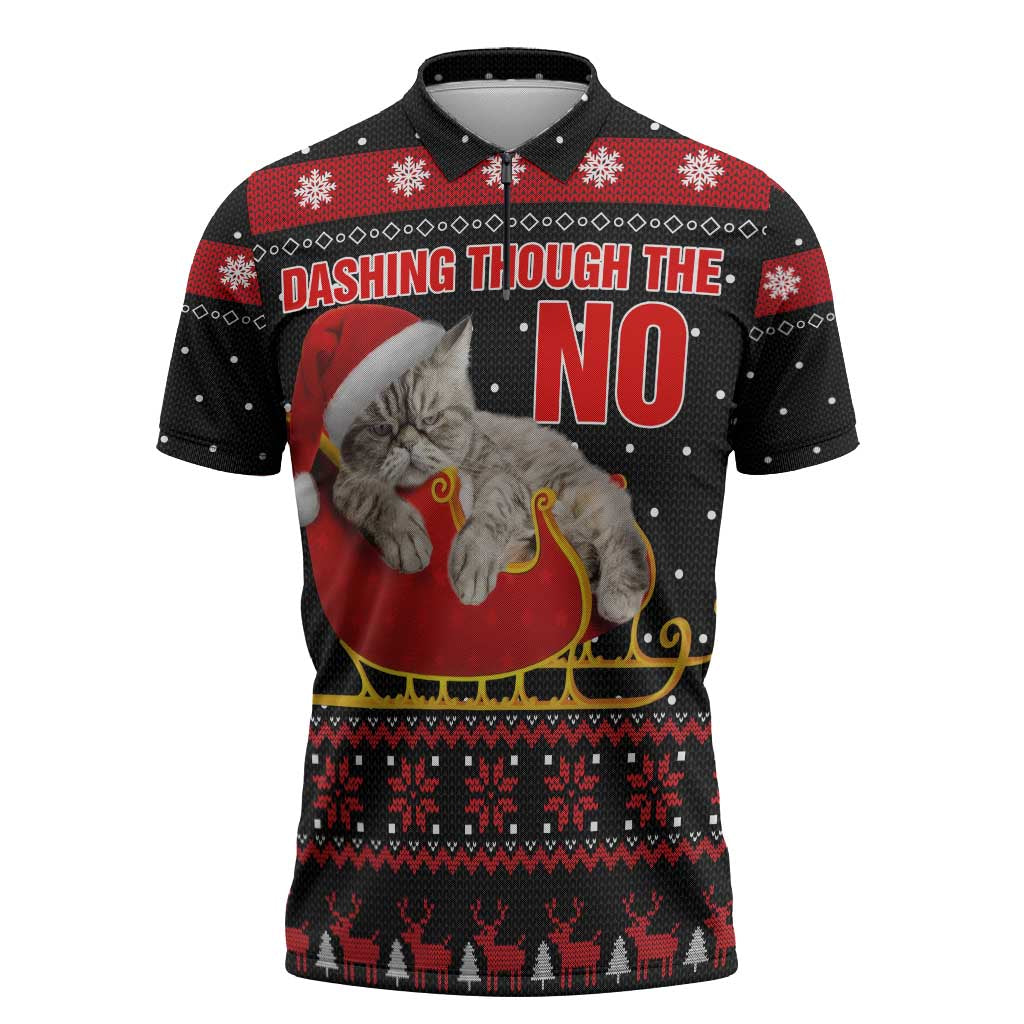 Cat Dashing Through The No Christmas Zipper Polo Shirt Xmas Holiday Patterns - Wonder Print Shop