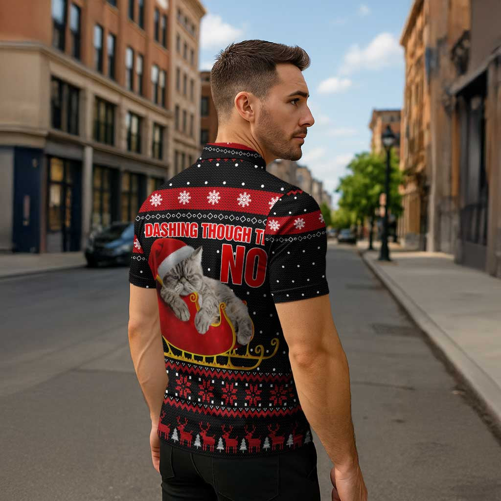 Cat Dashing Through The No Christmas Zipper Polo Shirt Xmas Holiday Patterns - Wonder Print Shop