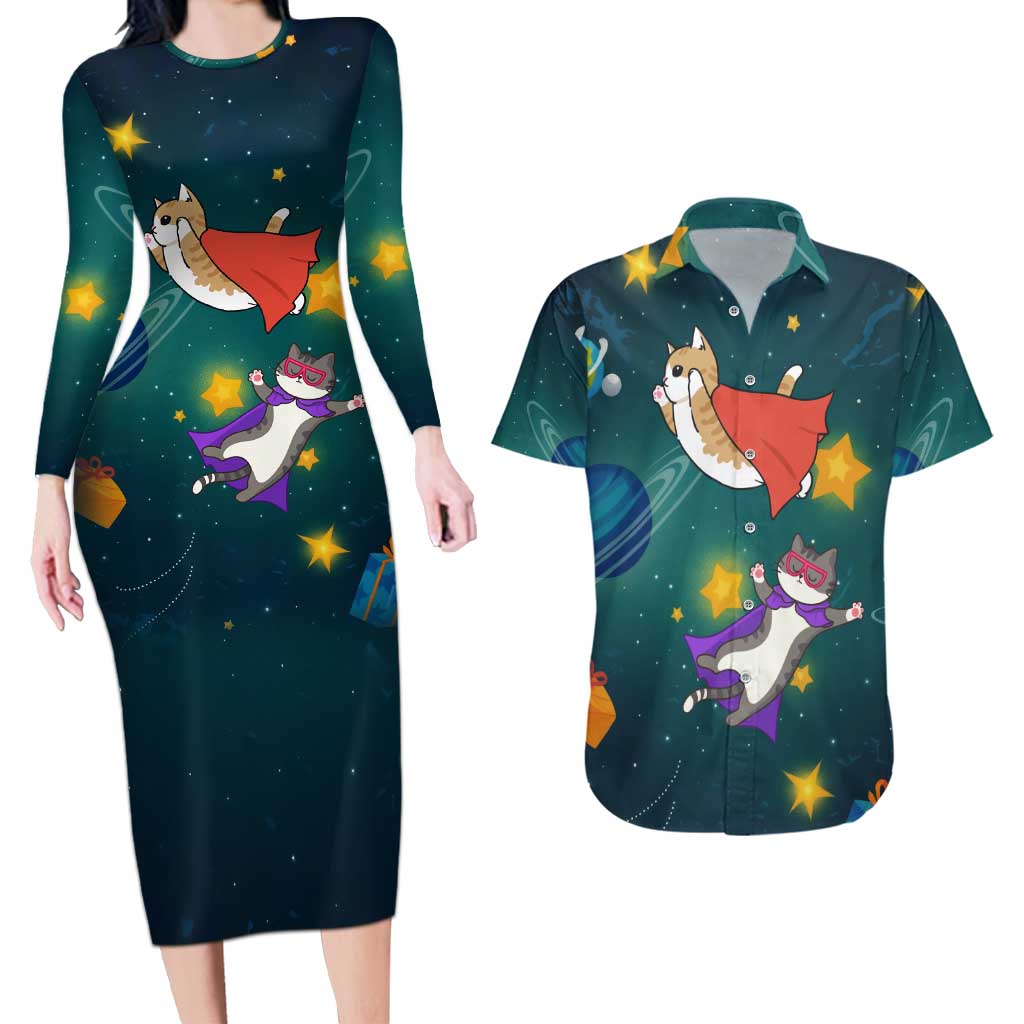 Cat Galaxy Christmas Couples Matching Long Sleeve Bodycon Dress and Hawaiian Shirt Xmas Holiday Patterns - Wonder Print Shop