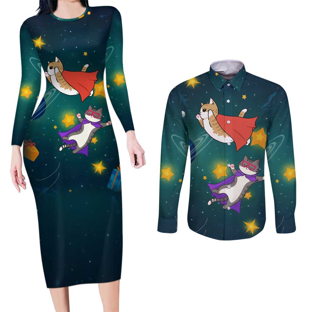 Cat Galaxy Christmas Couples Matching Long Sleeve Bodycon Dress and Long Sleeve Button Shirt Xmas Holiday Patterns - Wonder Print Shop