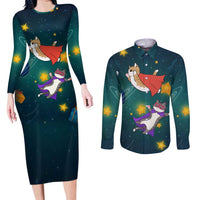 Cat Galaxy Christmas Couples Matching Long Sleeve Bodycon Dress and Long Sleeve Button Shirt Xmas Holiday Patterns - Wonder Print Shop