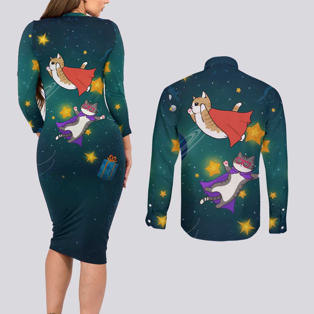 Cat Galaxy Christmas Couples Matching Long Sleeve Bodycon Dress and Long Sleeve Button Shirt Xmas Holiday Patterns - Wonder Print Shop
