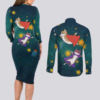 Cat Galaxy Christmas Couples Matching Long Sleeve Bodycon Dress and Long Sleeve Button Shirt Xmas Holiday Patterns - Wonder Print Shop