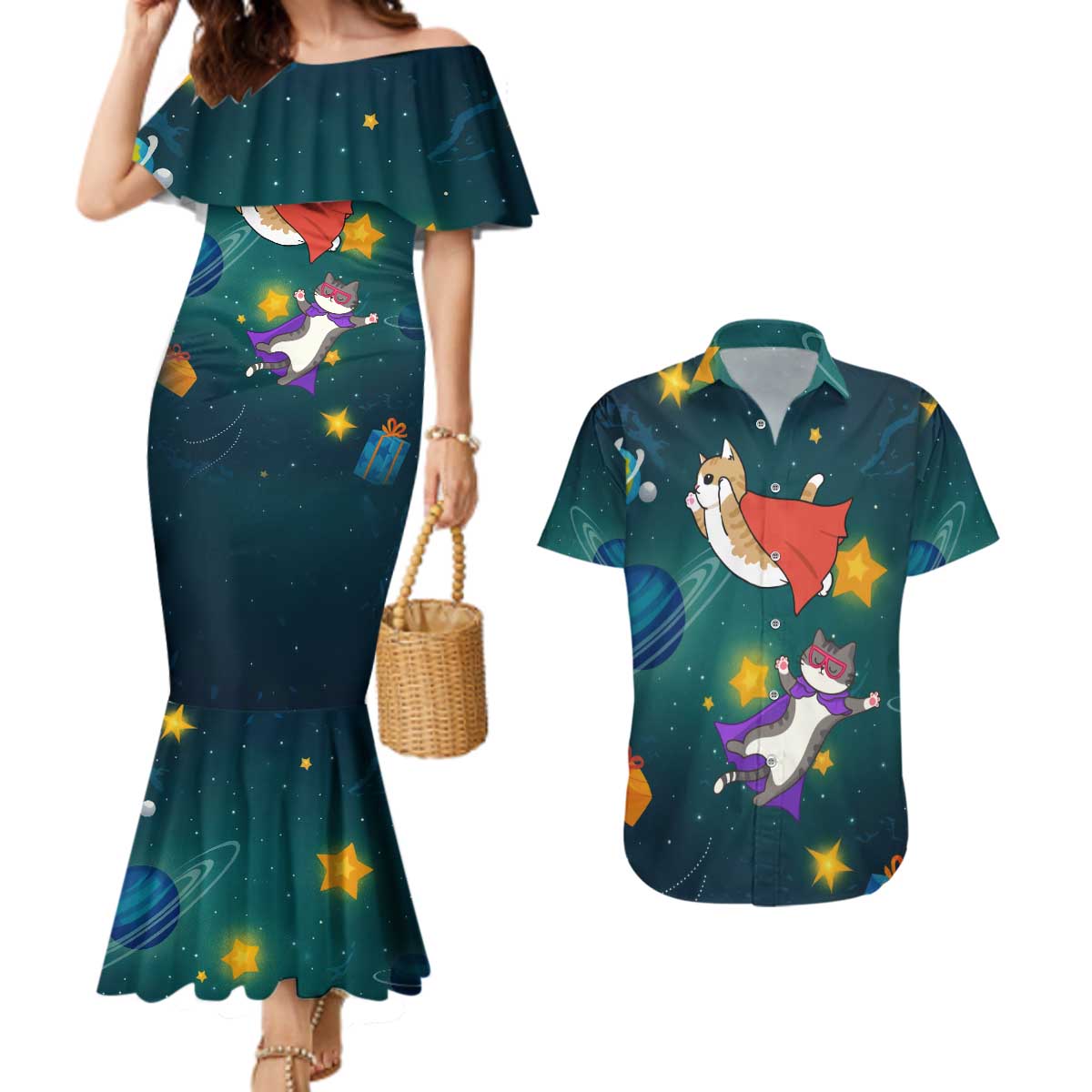 Cat Galaxy Christmas Couples Matching Mermaid Dress and Hawaiian Shirt Xmas Holiday Patterns - Wonder Print Shop
