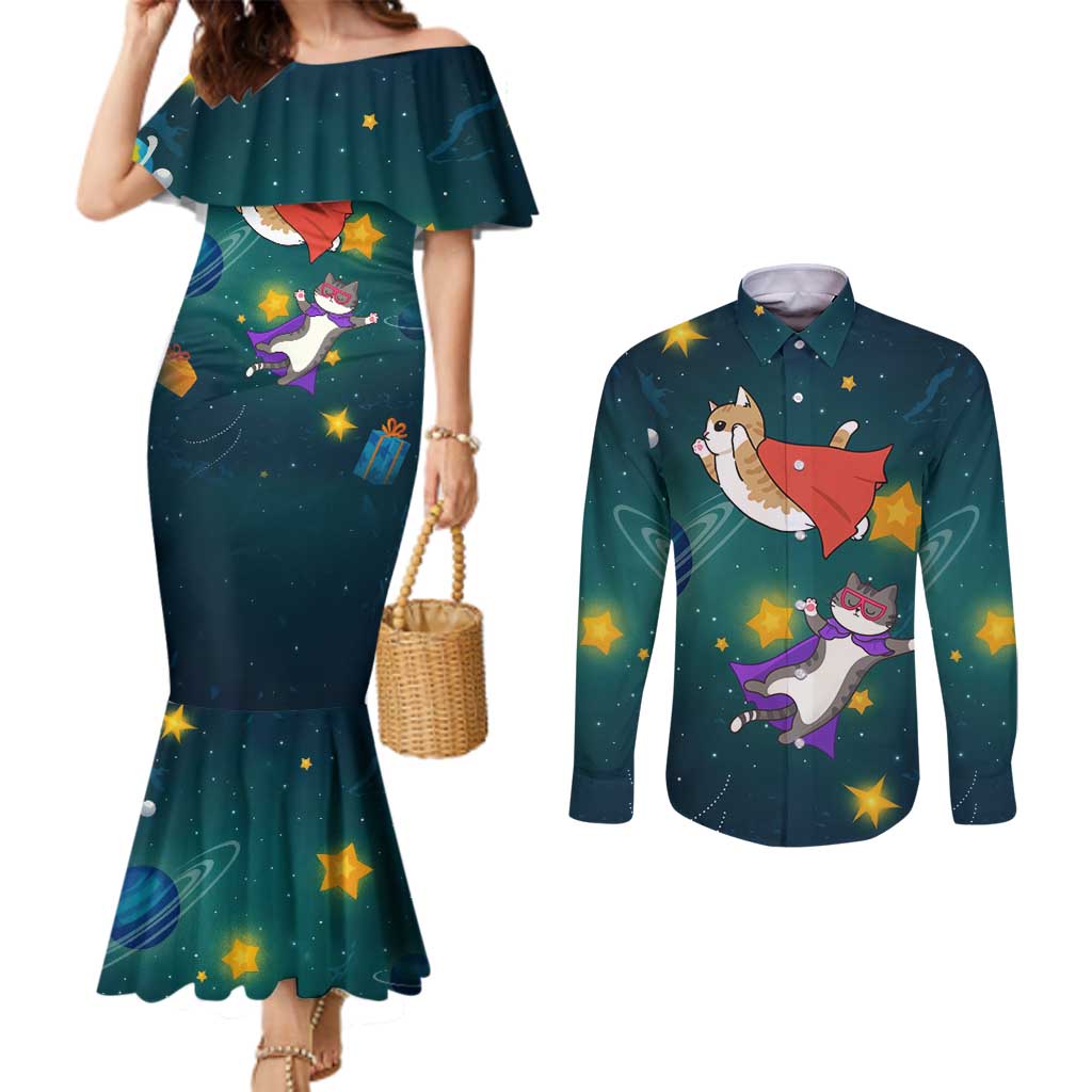 Cat Galaxy Christmas Couples Matching Mermaid Dress and Long Sleeve Button Shirt Xmas Holiday Patterns - Wonder Print Shop