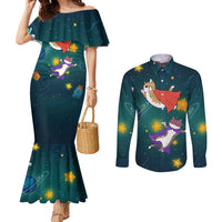 Cat Galaxy Christmas Couples Matching Mermaid Dress and Long Sleeve Button Shirt Xmas Holiday Patterns - Wonder Print Shop
