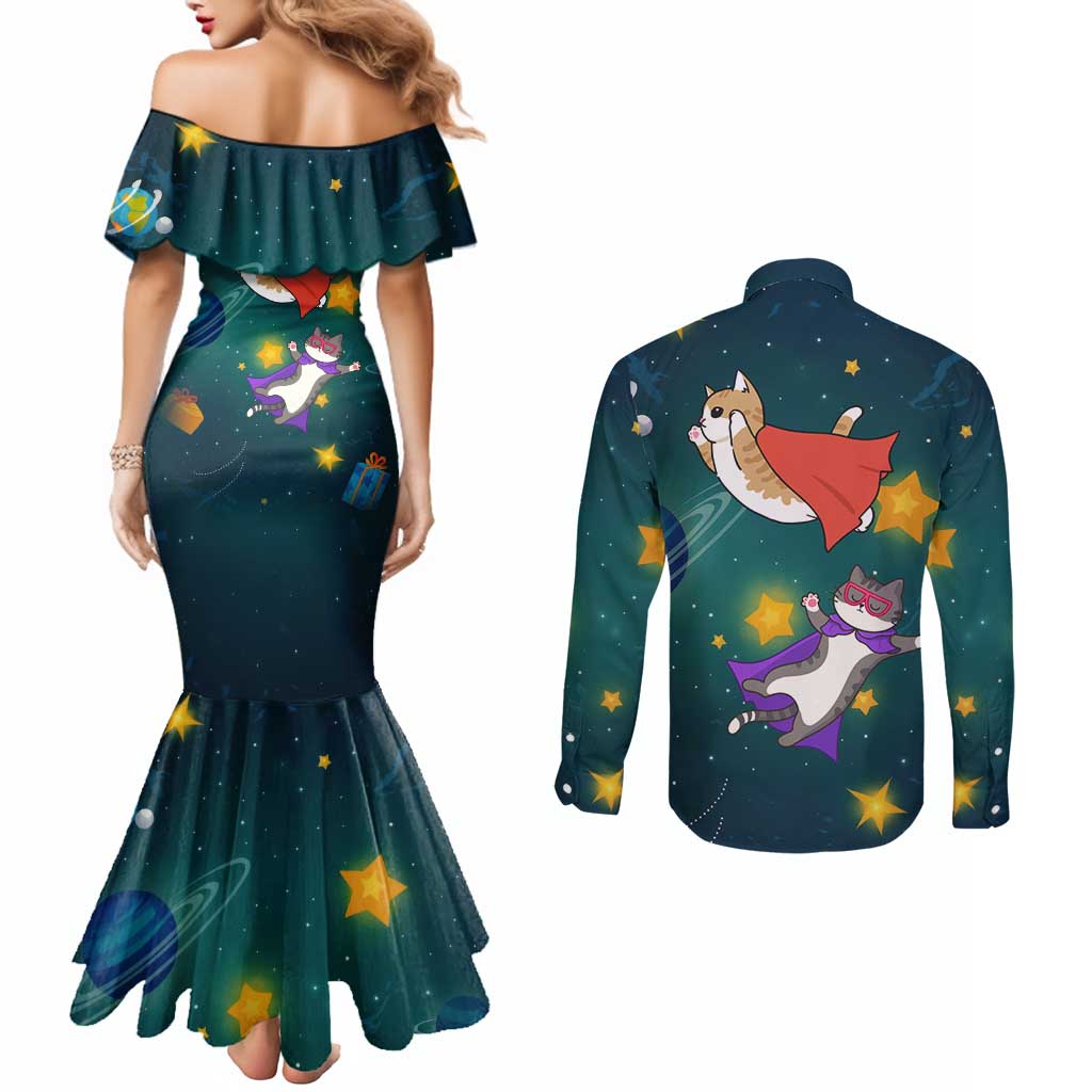 Cat Galaxy Christmas Couples Matching Mermaid Dress and Long Sleeve Button Shirt Xmas Holiday Patterns - Wonder Print Shop