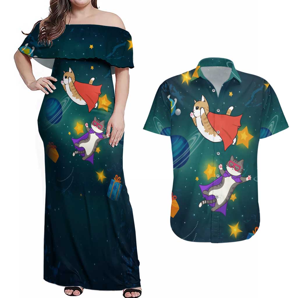 Cat Galaxy Christmas Couples Matching Off Shoulder Maxi Dress and Hawaiian Shirt Xmas Holiday Patterns - Wonder Print Shop