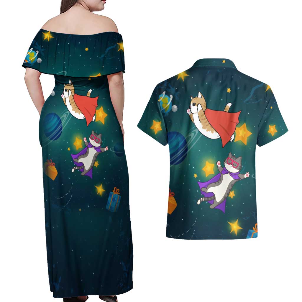 Cat Galaxy Christmas Couples Matching Off Shoulder Maxi Dress and Hawaiian Shirt Xmas Holiday Patterns - Wonder Print Shop