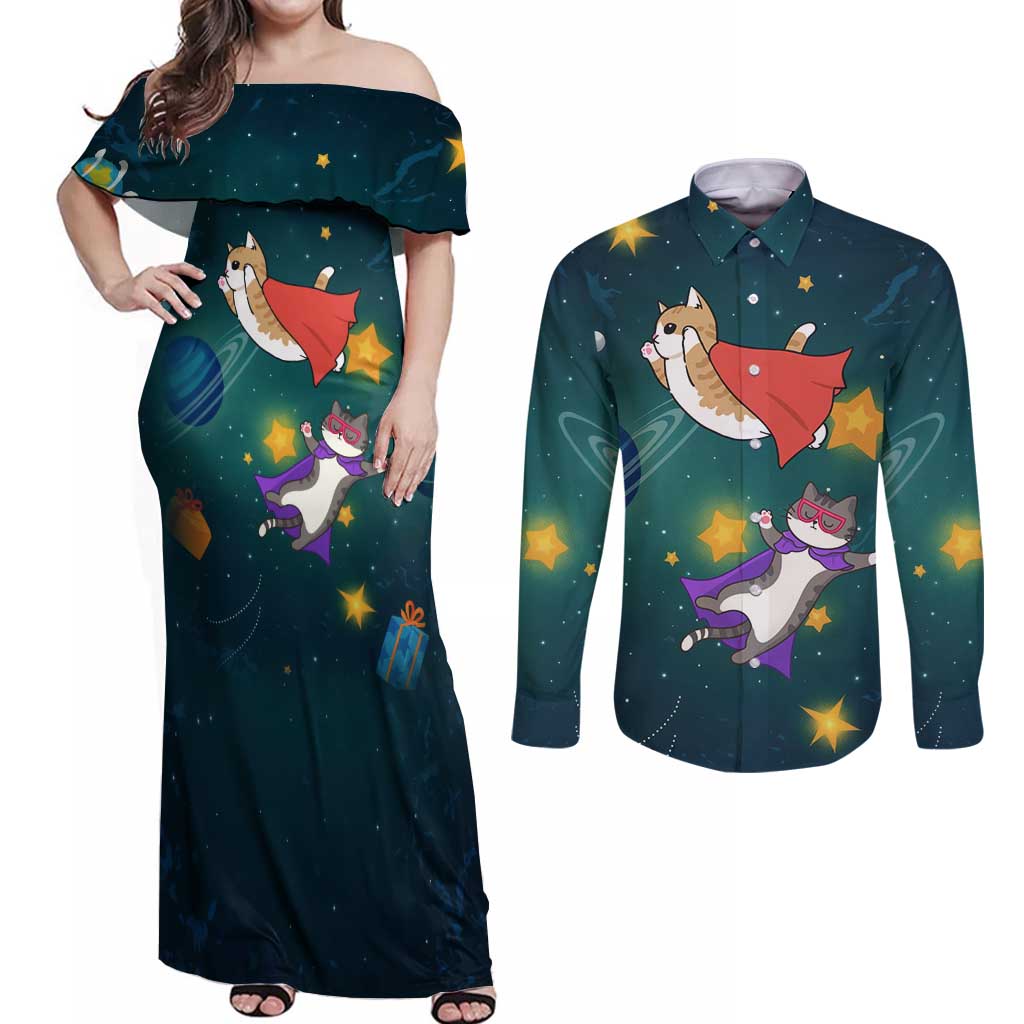 Cat Galaxy Christmas Couples Matching Off Shoulder Maxi Dress and Long Sleeve Button Shirt Xmas Holiday Patterns - Wonder Print Shop