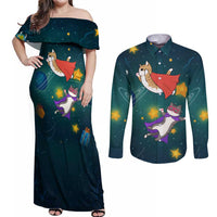 Cat Galaxy Christmas Couples Matching Off Shoulder Maxi Dress and Long Sleeve Button Shirt Xmas Holiday Patterns - Wonder Print Shop