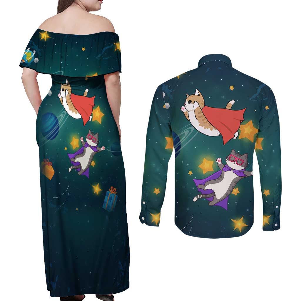 Cat Galaxy Christmas Couples Matching Off Shoulder Maxi Dress and Long Sleeve Button Shirt Xmas Holiday Patterns - Wonder Print Shop