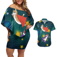 Cat Galaxy Christmas Couples Matching Off Shoulder Short Dress and Hawaiian Shirt Xmas Holiday Patterns - Wonder Print Shop