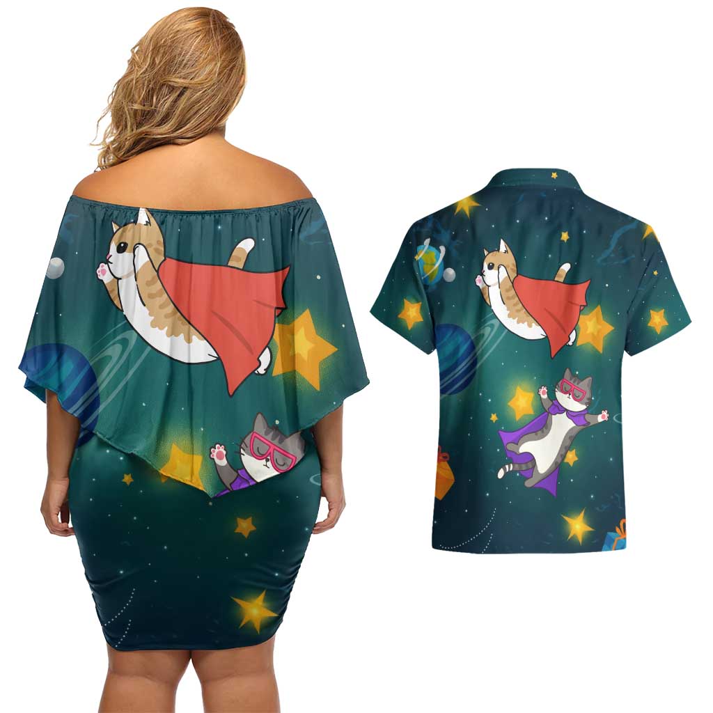 Cat Galaxy Christmas Couples Matching Off Shoulder Short Dress and Hawaiian Shirt Xmas Holiday Patterns - Wonder Print Shop