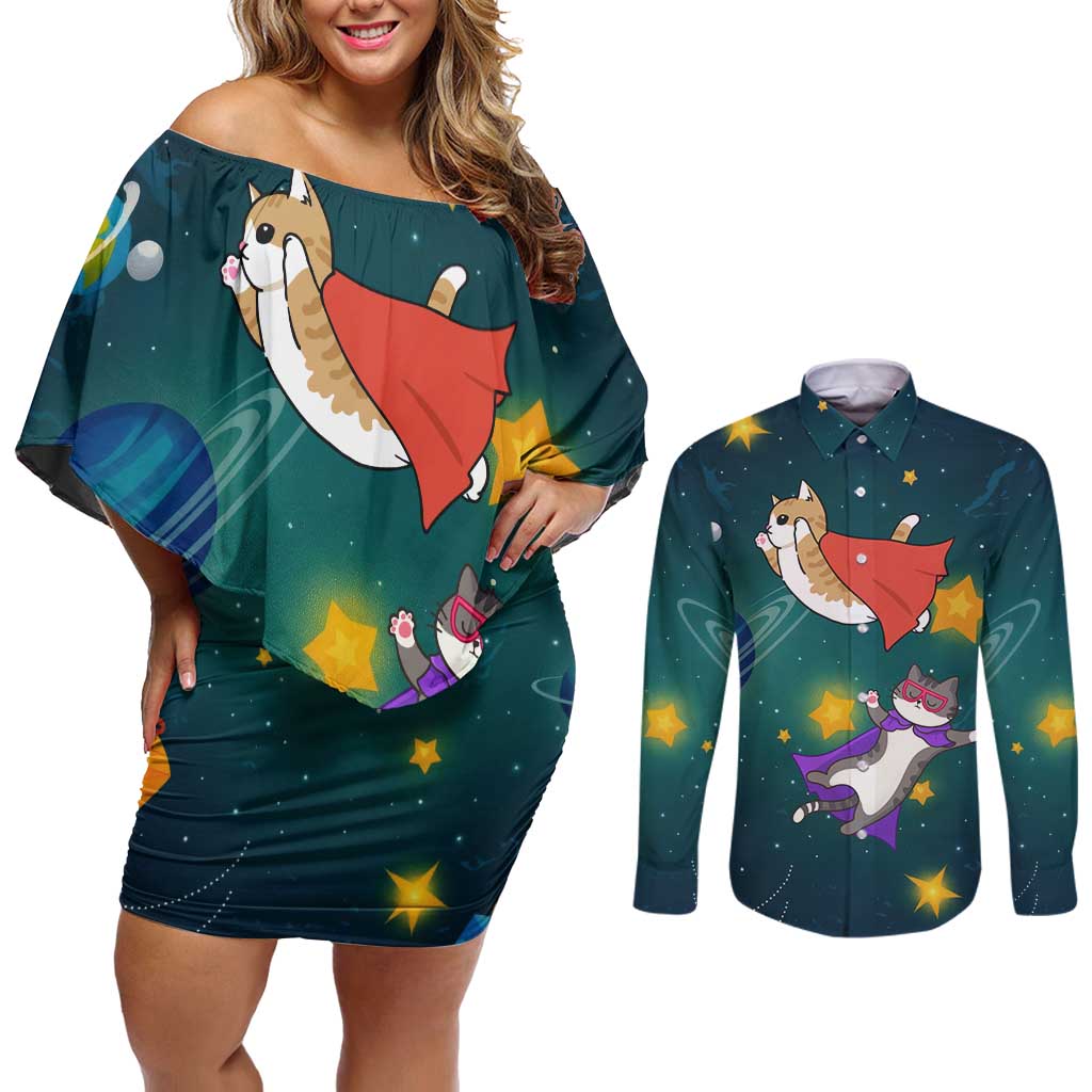 Cat Galaxy Christmas Couples Matching Off Shoulder Short Dress and Long Sleeve Button Shirt Xmas Holiday Patterns - Wonder Print Shop