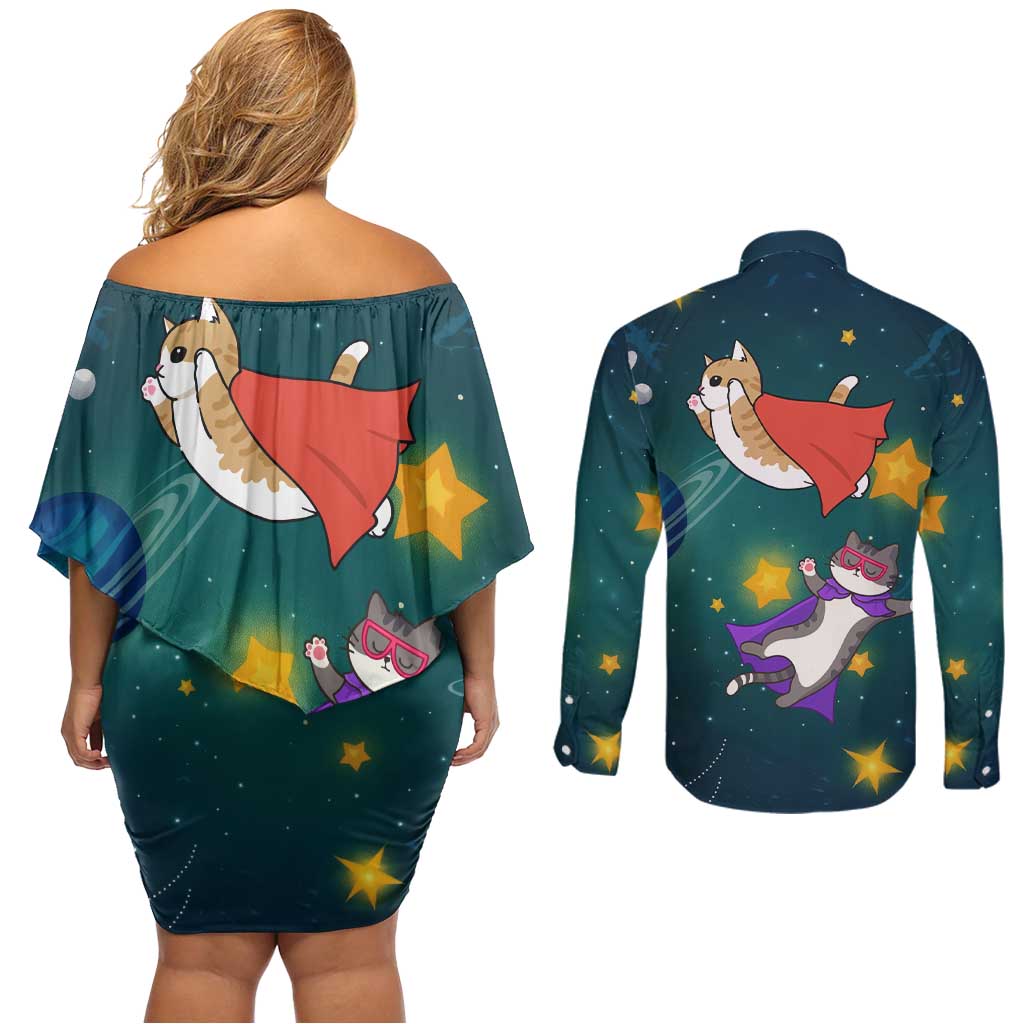 Cat Galaxy Christmas Couples Matching Off Shoulder Short Dress and Long Sleeve Button Shirt Xmas Holiday Patterns - Wonder Print Shop