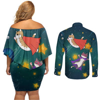 Cat Galaxy Christmas Couples Matching Off Shoulder Short Dress and Long Sleeve Button Shirt Xmas Holiday Patterns - Wonder Print Shop