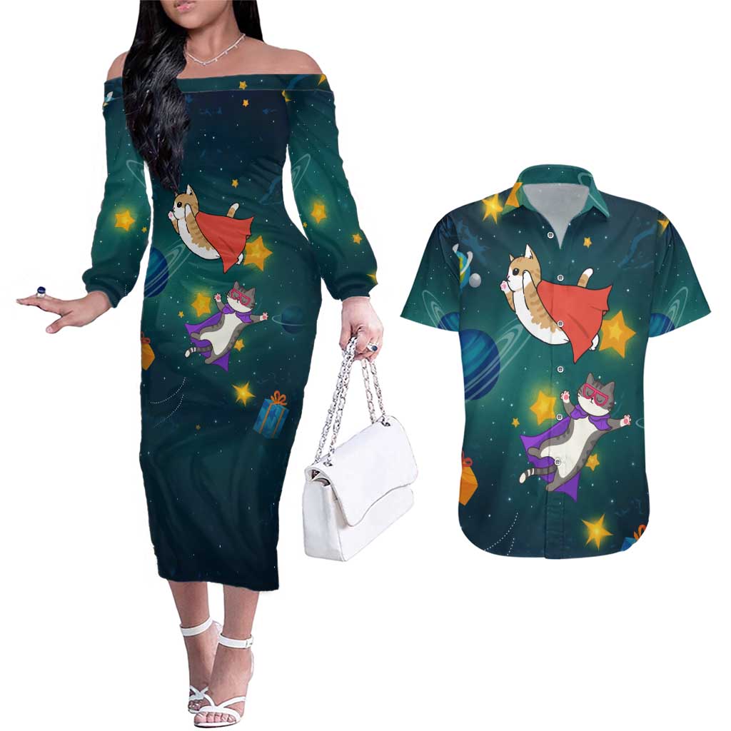 Cat Galaxy Christmas Couples Matching Off The Shoulder Long Sleeve Dress and Hawaiian Shirt Xmas Holiday Patterns - Wonder Print Shop