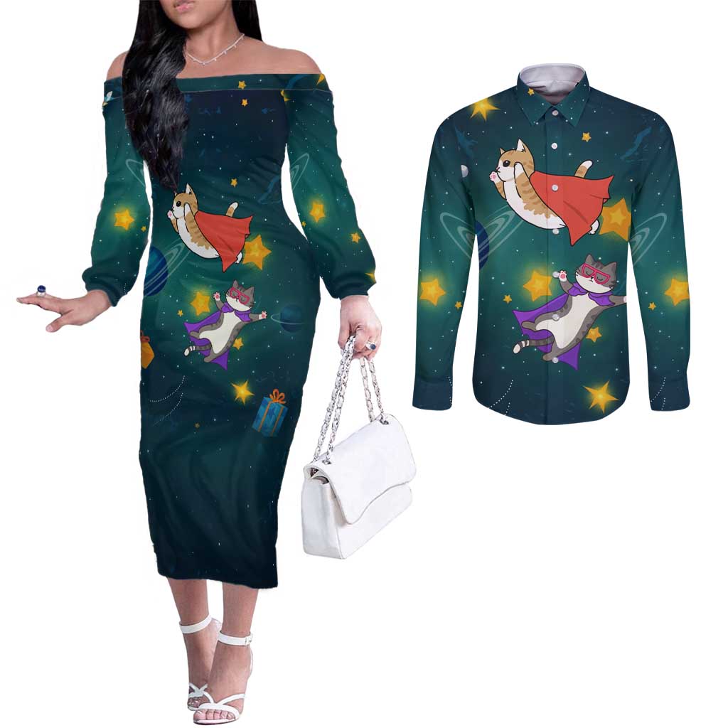 Cat Galaxy Christmas Couples Matching Off The Shoulder Long Sleeve Dress and Long Sleeve Button Shirt Xmas Holiday Patterns - Wonder Print Shop