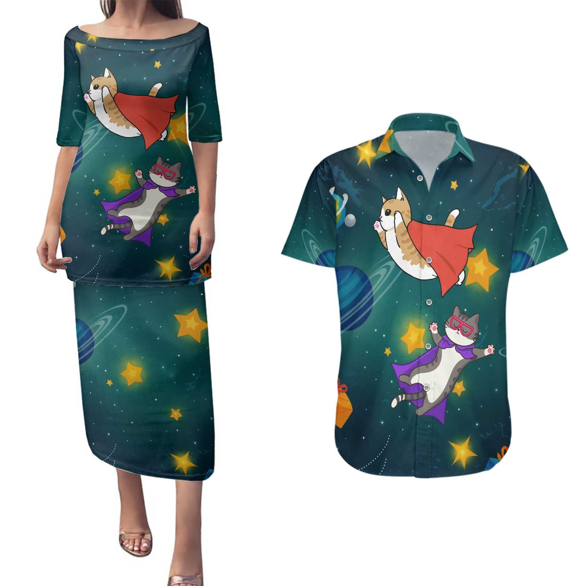 Cat Galaxy Christmas Couples Matching Puletasi and Hawaiian Shirt Xmas Holiday Patterns - Wonder Print Shop
