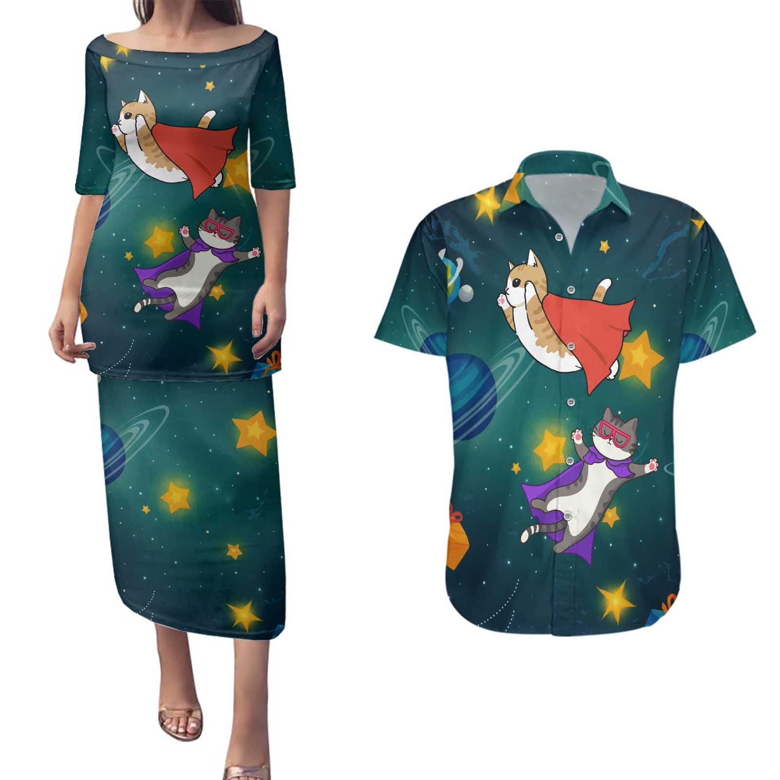 Cat Galaxy Christmas Couples Matching Puletasi and Hawaiian Shirt Xmas Holiday Patterns - Wonder Print Shop