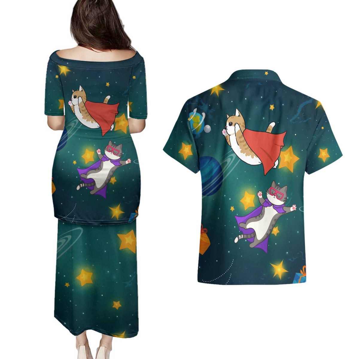 Cat Galaxy Christmas Couples Matching Puletasi and Hawaiian Shirt Xmas Holiday Patterns - Wonder Print Shop