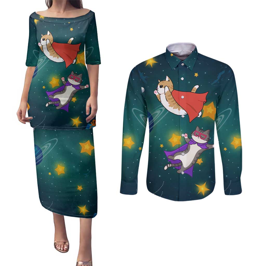 Cat Galaxy Christmas Couples Matching Puletasi and Long Sleeve Button Shirt Xmas Holiday Patterns - Wonder Print Shop