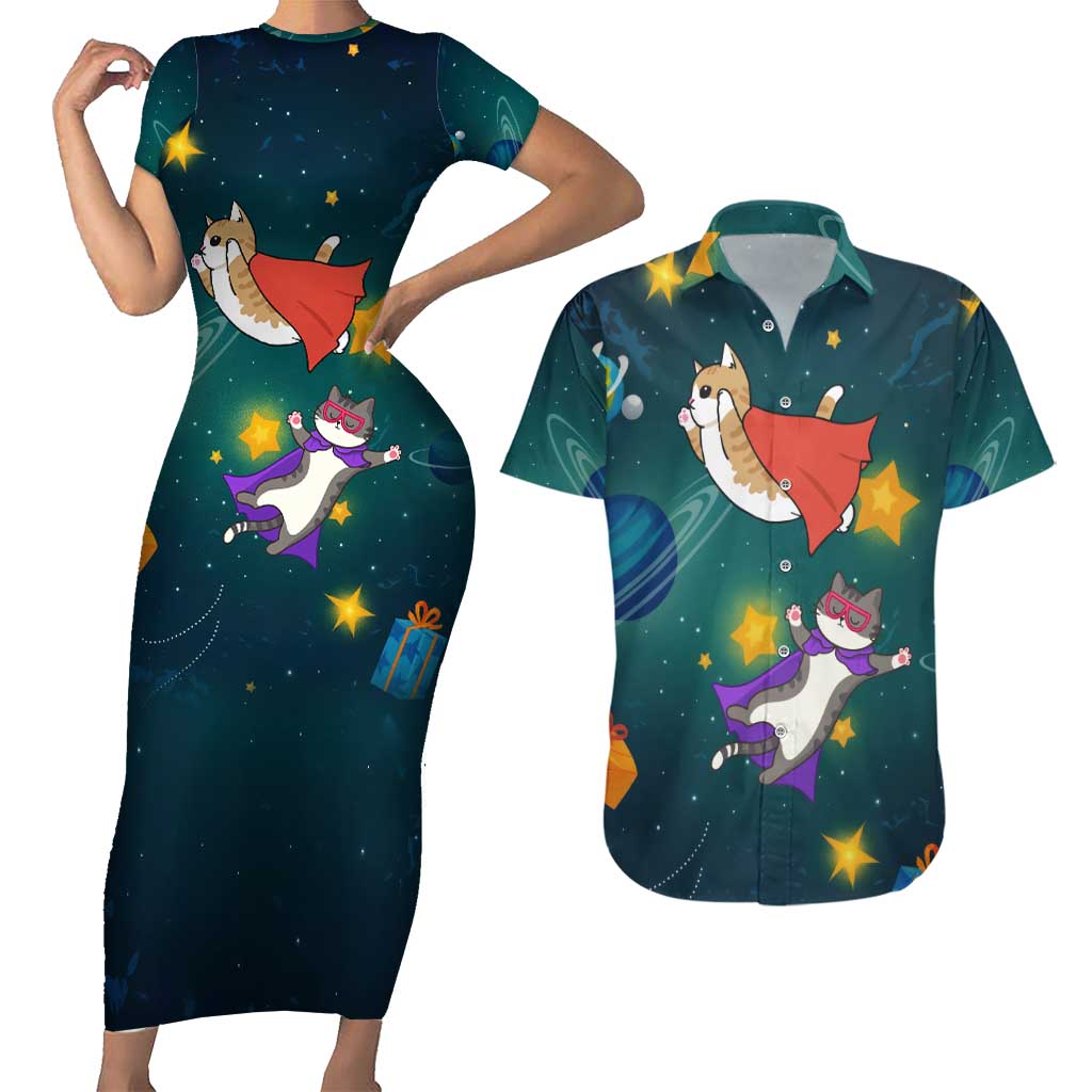 Cat Galaxy Christmas Couples Matching Short Sleeve Bodycon Dress and Hawaiian Shirt Xmas Holiday Patterns - Wonder Print Shop