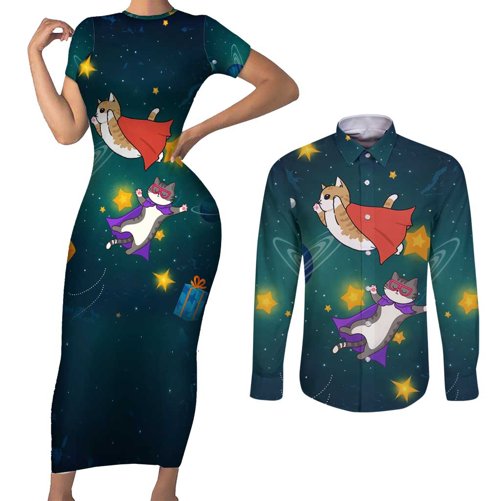 Cat Galaxy Christmas Couples Matching Short Sleeve Bodycon Dress and Long Sleeve Button Shirt Xmas Holiday Patterns - Wonder Print Shop