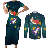 Cat Galaxy Christmas Couples Matching Short Sleeve Bodycon Dress and Long Sleeve Button Shirt Xmas Holiday Patterns - Wonder Print Shop