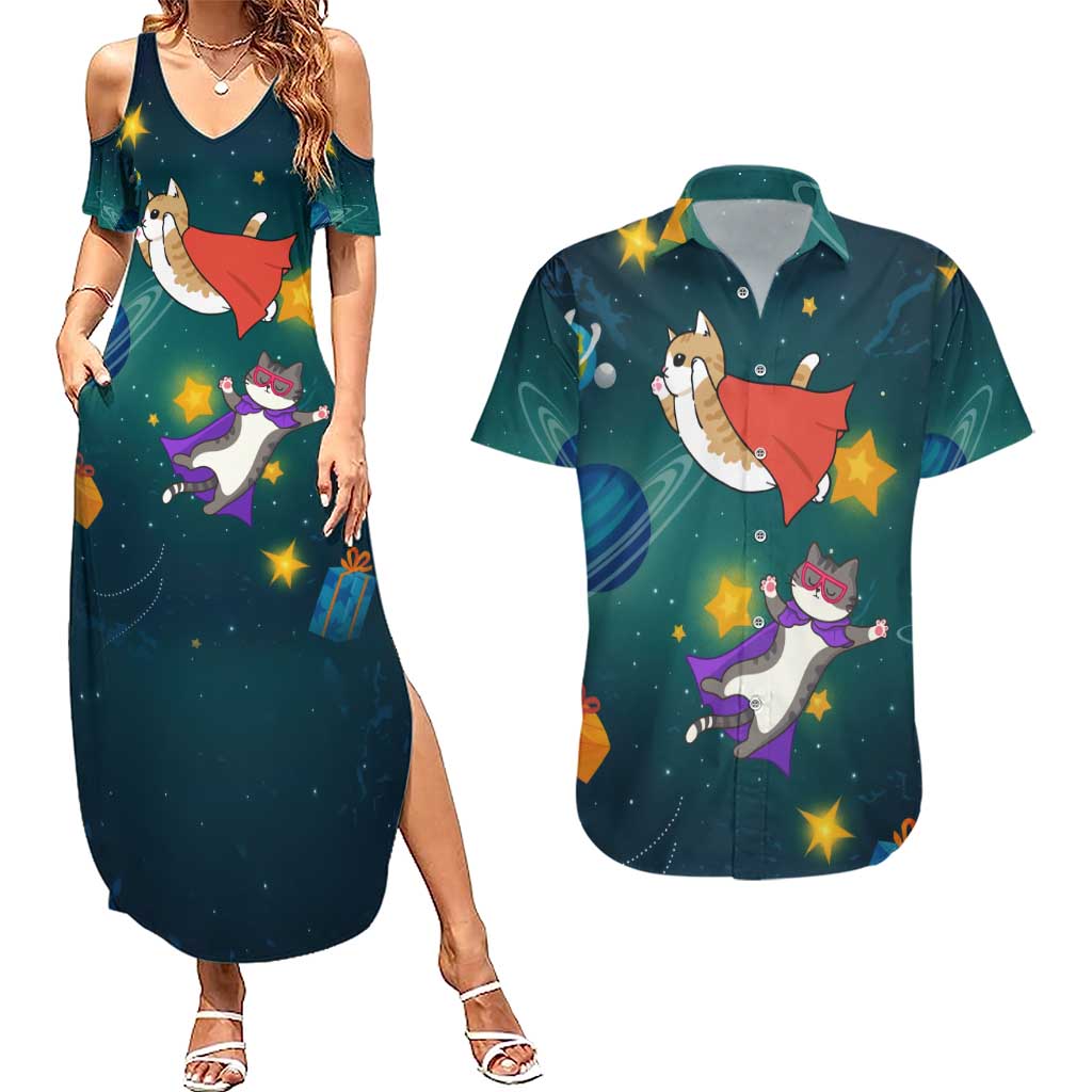 Cat Galaxy Christmas Couples Matching Summer Maxi Dress and Hawaiian Shirt Xmas Holiday Patterns - Wonder Print Shop