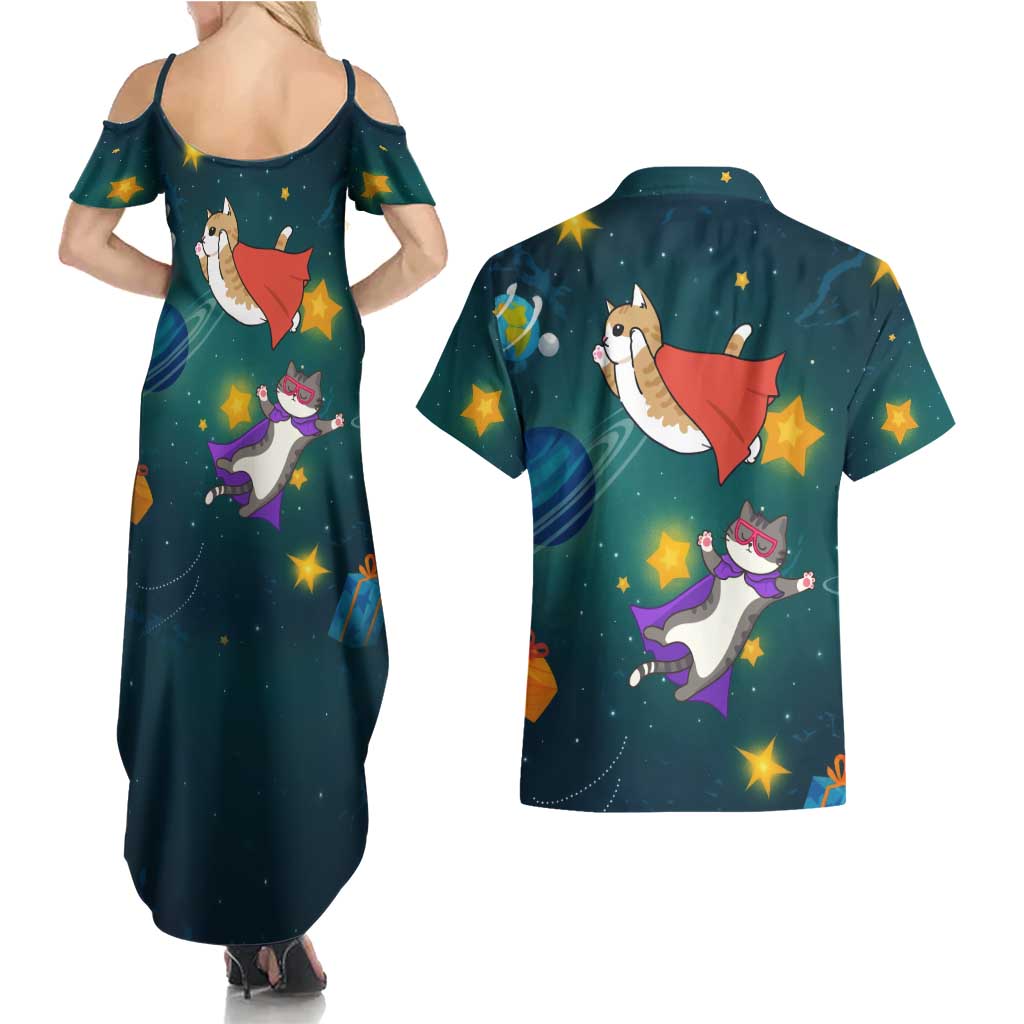 Cat Galaxy Christmas Couples Matching Summer Maxi Dress and Hawaiian Shirt Xmas Holiday Patterns - Wonder Print Shop