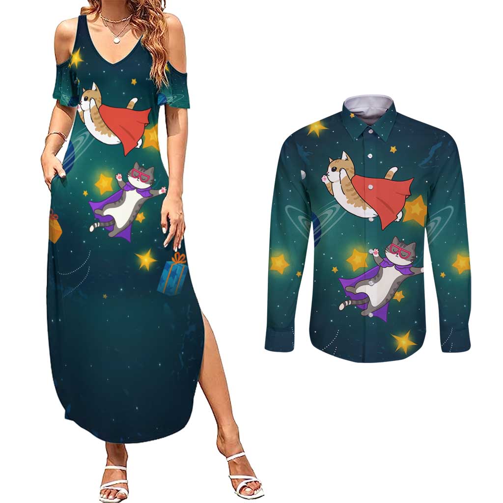 Cat Galaxy Christmas Couples Matching Summer Maxi Dress and Long Sleeve Button Shirt Xmas Holiday Patterns - Wonder Print Shop
